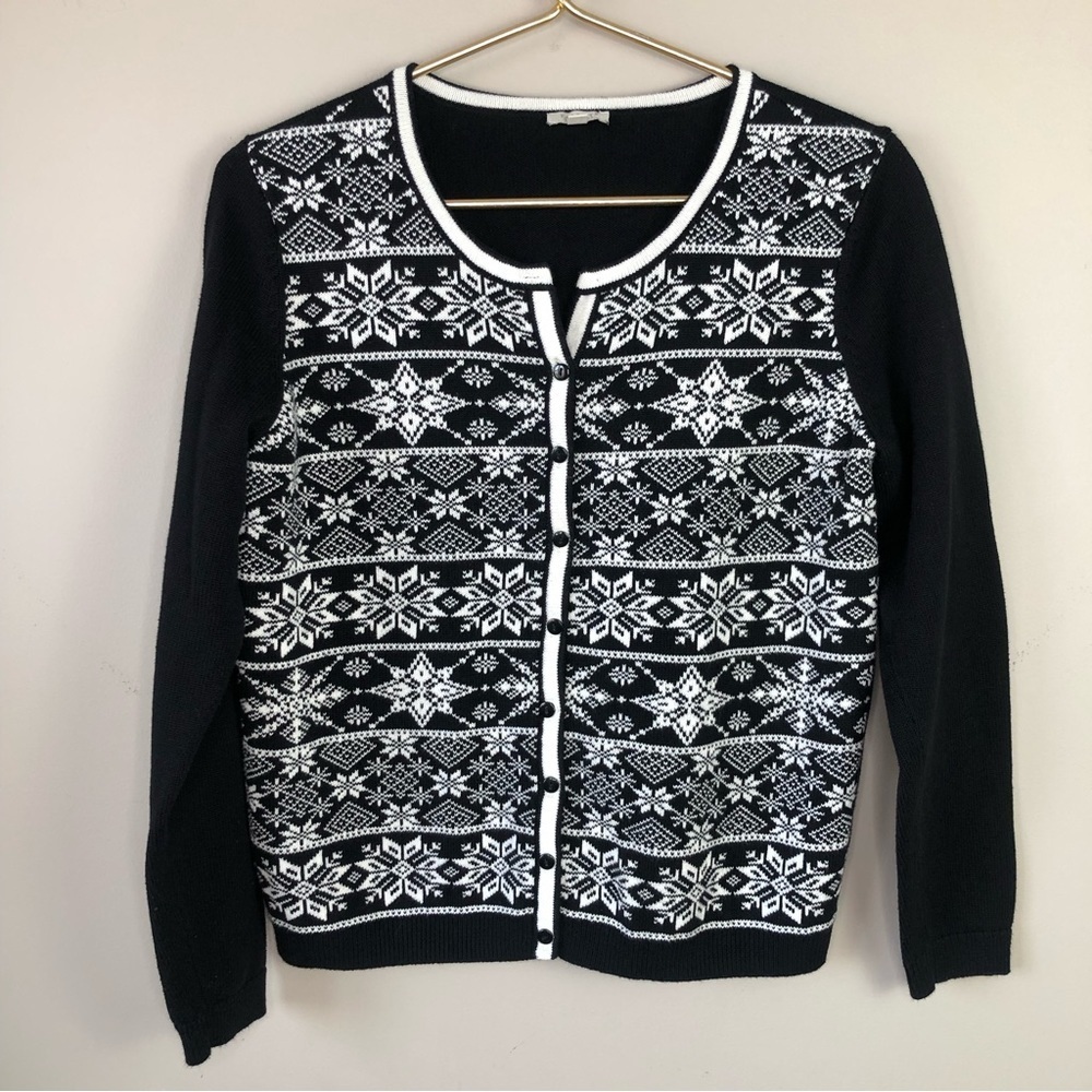 Black and White Cotton Fair Isle Cardigan Sweater M